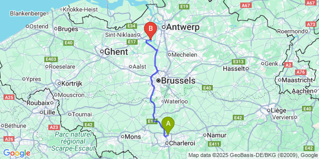 Map: Charleroi Airport Brussels South (CRL) to Steendorp