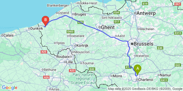 Map: Charleroi Airport Brussels South (CRL) to Steenkerke