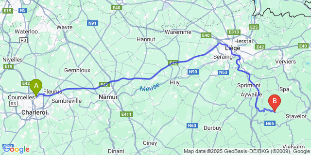 Map: Charleroi Airport Brussels South (CRL) to Stoumont