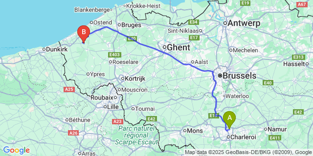 Map: Charleroi Airport Brussels South (CRL) to Stuivekenskerke