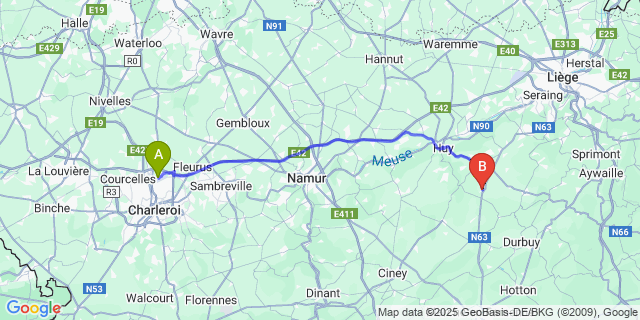 Map: Charleroi Airport Brussels South (CRL) to Terwagne