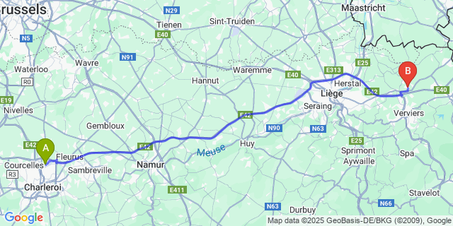 Map: Charleroi Airport Brussels South (CRL) to Thimister-Clermont