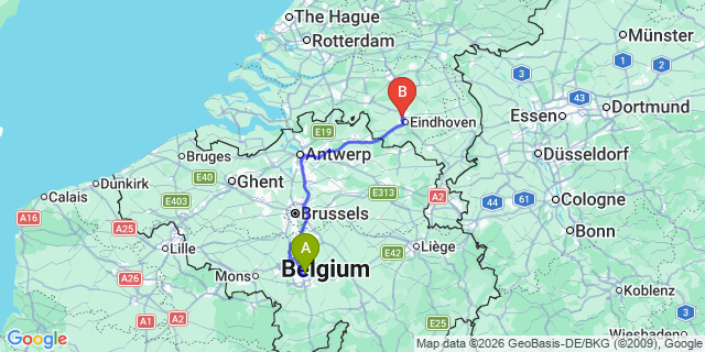 Map: Charleroi Airport Brussels South (CRL) to Tiel