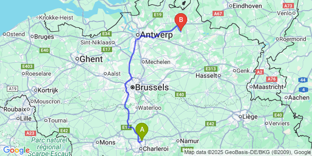 Map: Charleroi Airport Brussels South (CRL) to Tielen