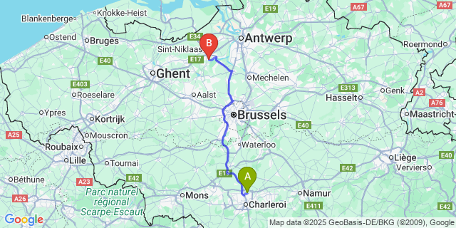 Map: Charleroi Airport Brussels South (CRL) to Tielrode