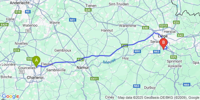 Map: Charleroi Airport Brussels South (CRL) to Tilff