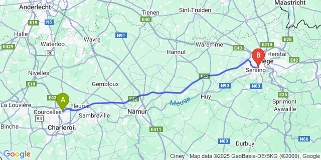 Map: Charleroi Airport Brussels South (CRL) to Tilleur