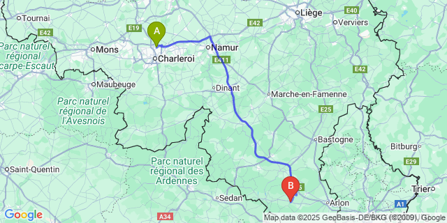 Map: Charleroi Airport Brussels South (CRL) to Tintigny