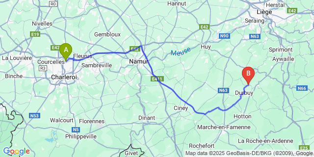Map: Charleroi Airport Brussels South (CRL) to Tohogne
