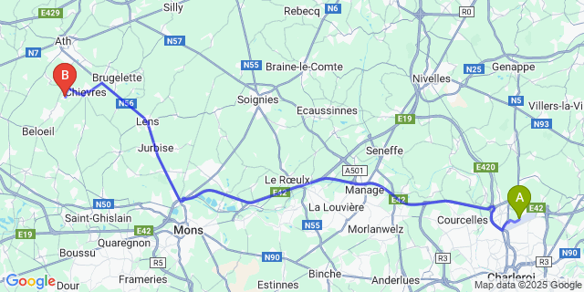 Map: Charleroi Airport Brussels South (CRL) to Tongre-Notre-Dame