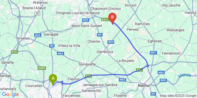 Map: Charleroi Airport Brussels South (CRL) to Tourinnes-Saint-Lambert