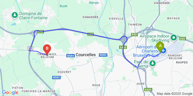 Map: Charleroi Airport Brussels South (CRL) to Trazegnies