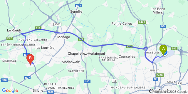 Map: Charleroi Airport Brussels South (CRL) to Trivieres