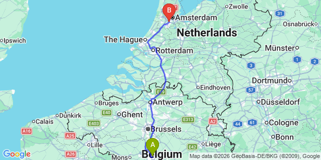 Map: Charleroi Airport Brussels South (CRL) to Uithoorn