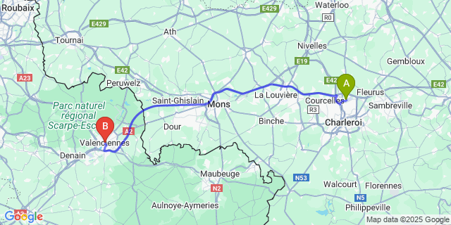 Map: Charleroi Airport Brussels South (CRL) to Valenciennes