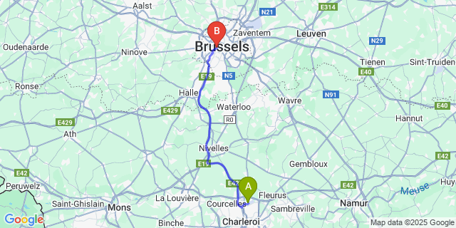 Map: Charleroi Airport Brussels South (CRL) to Van Belle Hotel, Brussels
