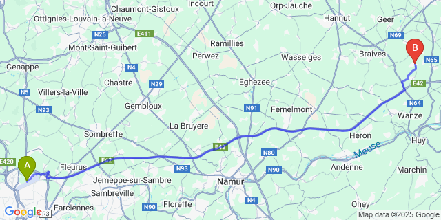 Map: Charleroi Airport Brussels South (CRL) to Vaux-Et-Borset