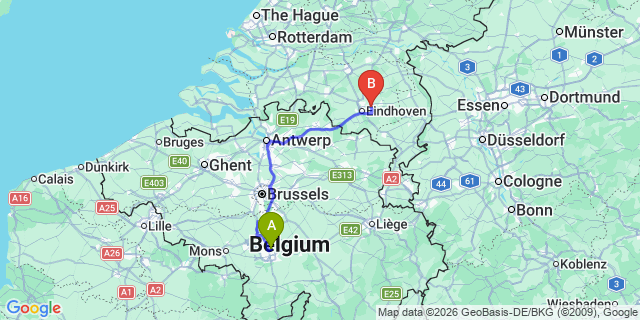Map: Charleroi Airport Brussels South (CRL) to Veenendaal