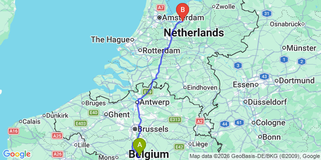 Map: Charleroi Airport Brussels South (CRL) to Veldhoven