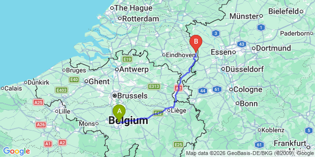 Map: Charleroi Airport Brussels South (CRL) to Venlo
