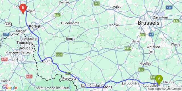 Map: Charleroi Airport Brussels South (CRL) to Villeneuve-d’Ascq