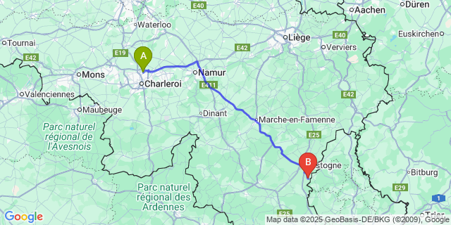 Map: Charleroi Airport Brussels South (CRL) to Villers-La-Bonne-Eau