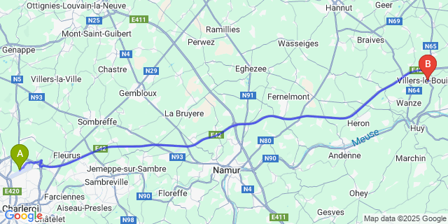 Map: Charleroi Airport Brussels South (CRL) to Villers-le-Bouillet