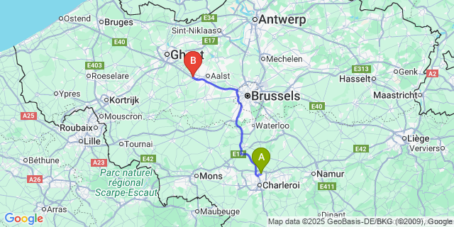 Map: Charleroi Airport Brussels South (CRL) to Vlekkem