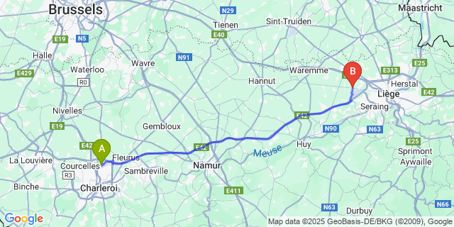 Map: Charleroi Airport Brussels South (CRL) to Voroux-Goreux