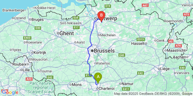 Map: Charleroi Airport Brussels South (CRL) to Vremde