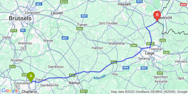 Map: Charleroi Airport Brussels South (CRL) to Vroenhoven