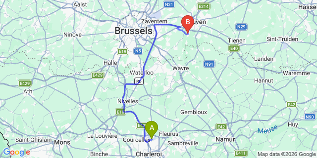 Map: Charleroi Airport Brussels South (CRL) to Waddinxveen