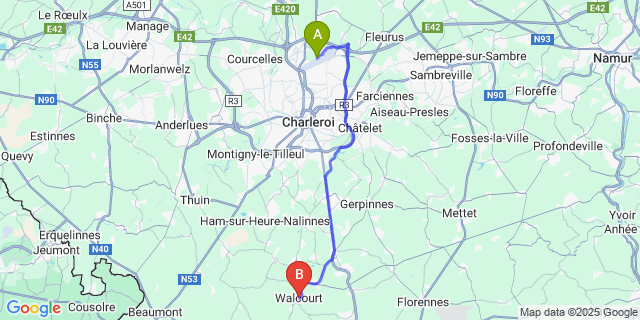 Map: Charleroi Airport Brussels South (CRL) to Walcourt