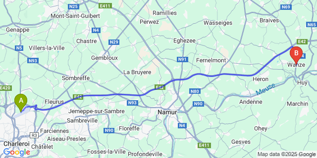 Map: Charleroi Airport Brussels South (CRL) to Wanze