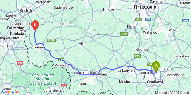 Map: Charleroi Airport Brussels South (CRL) to Warcoing