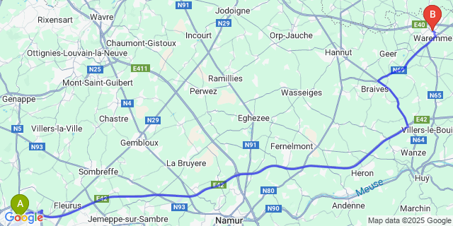 Map: Charleroi Airport Brussels South (CRL) to Waremme