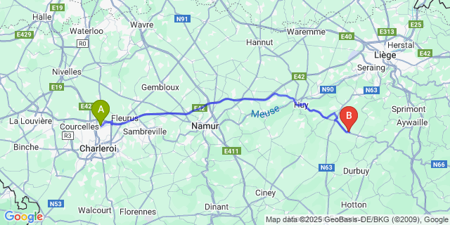 Map: Charleroi Airport Brussels South (CRL) to Warzée