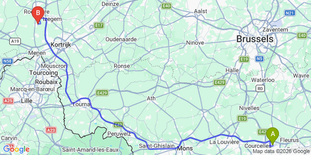 Map: Charleroi Airport Brussels South (CRL) to Wasquehal
