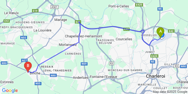 Map: Charleroi Airport Brussels South (CRL) to Waudrez