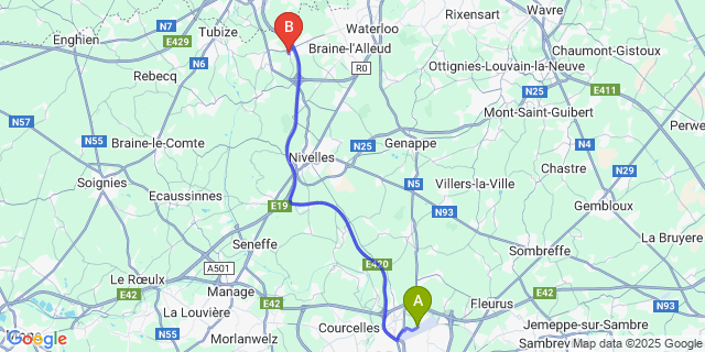 Map: Charleroi Airport Brussels South (CRL) to Wauthier-Braine