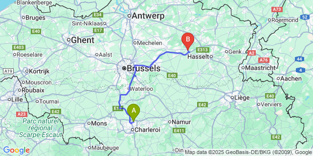 Map: Charleroi Airport Brussels South (CRL) to Webbekom