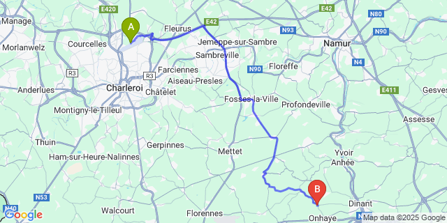Map: Charleroi Airport Brussels South (CRL) to Weillen