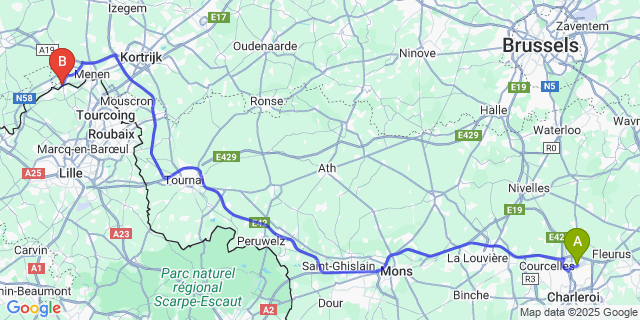 Map: Charleroi Airport Brussels South (CRL) to Wervik