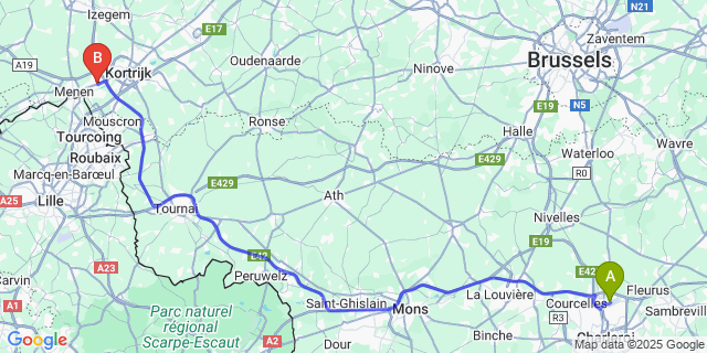 Map: Charleroi Airport Brussels South (CRL) to Wevelgem