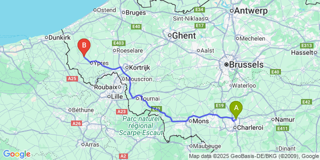 Map: Charleroi Airport Brussels South (CRL) to Woesten