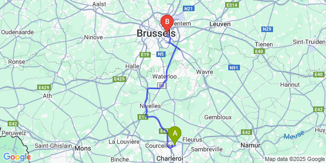Map: Charleroi Airport Brussels South (CRL) to Woluwe-Saint-Lambert