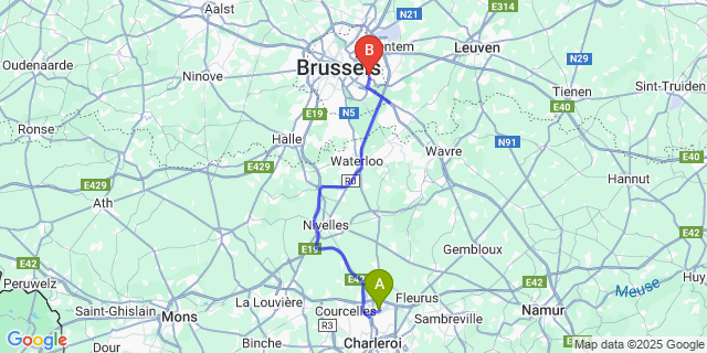 Map: Charleroi Airport Brussels South (CRL) to Woluwe-Saint-Pierre
