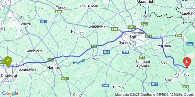 Map: Charleroi Airport Brussels South (CRL) to Xhoffraix