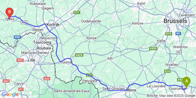 Map: Charleroi Airport Brussels South (CRL) to Ypres