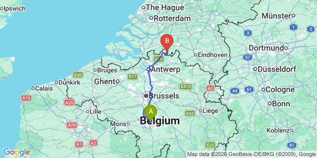 Map: Charleroi Airport Brussels South (CRL) to Zaandam